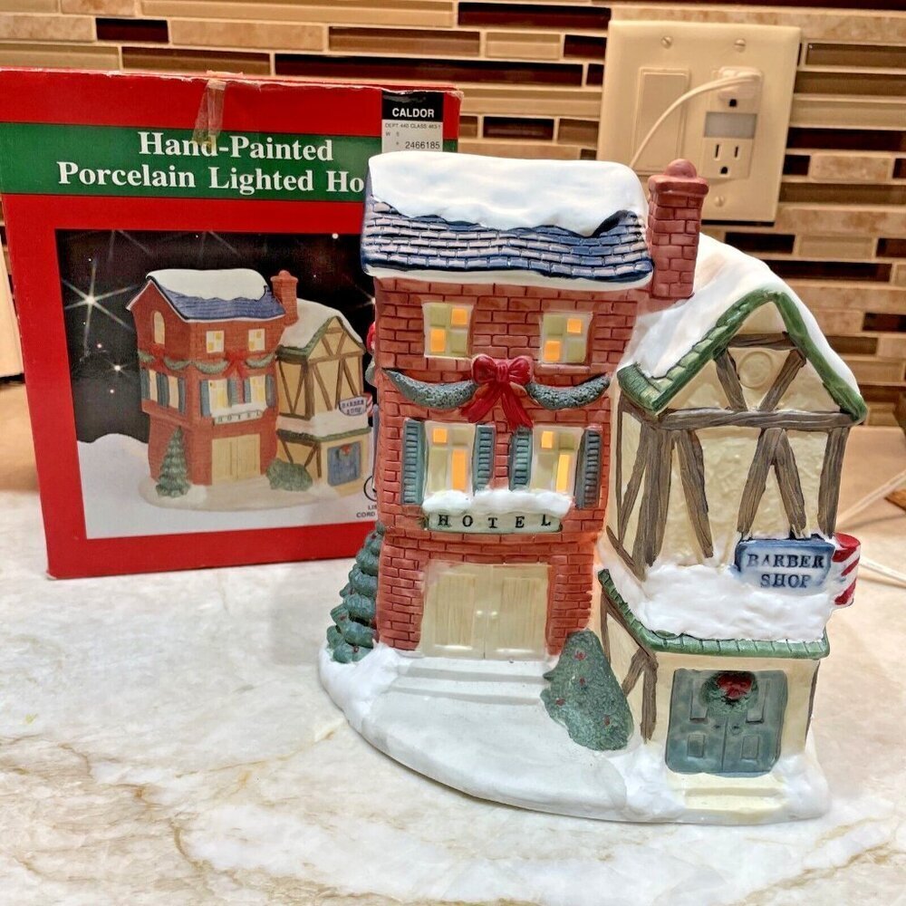 Vintage Hand-Painted Porcelain Lighted House Christmas Village Hotel Barber Shop